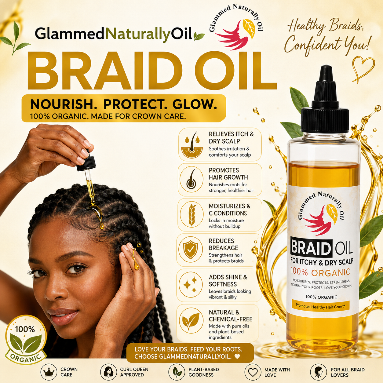 Woman applying GlammedNaturallyOil Braid Oil to braids for itchy scalp relief and healthy hair growth
