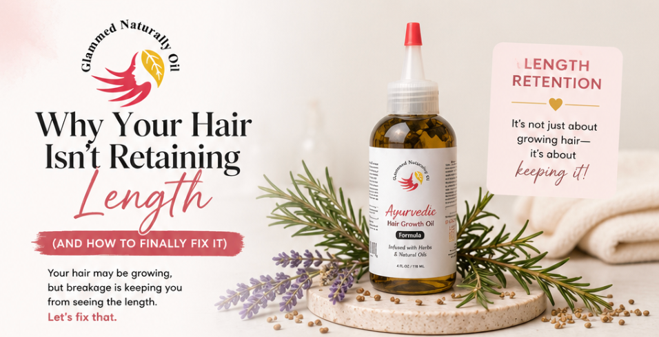 Glammed Naturally Ayurvedic Hair Growth Serum and Whipped Mango Shea Butter promoting healthy hair and length retention in blog about preventing hair breakage.